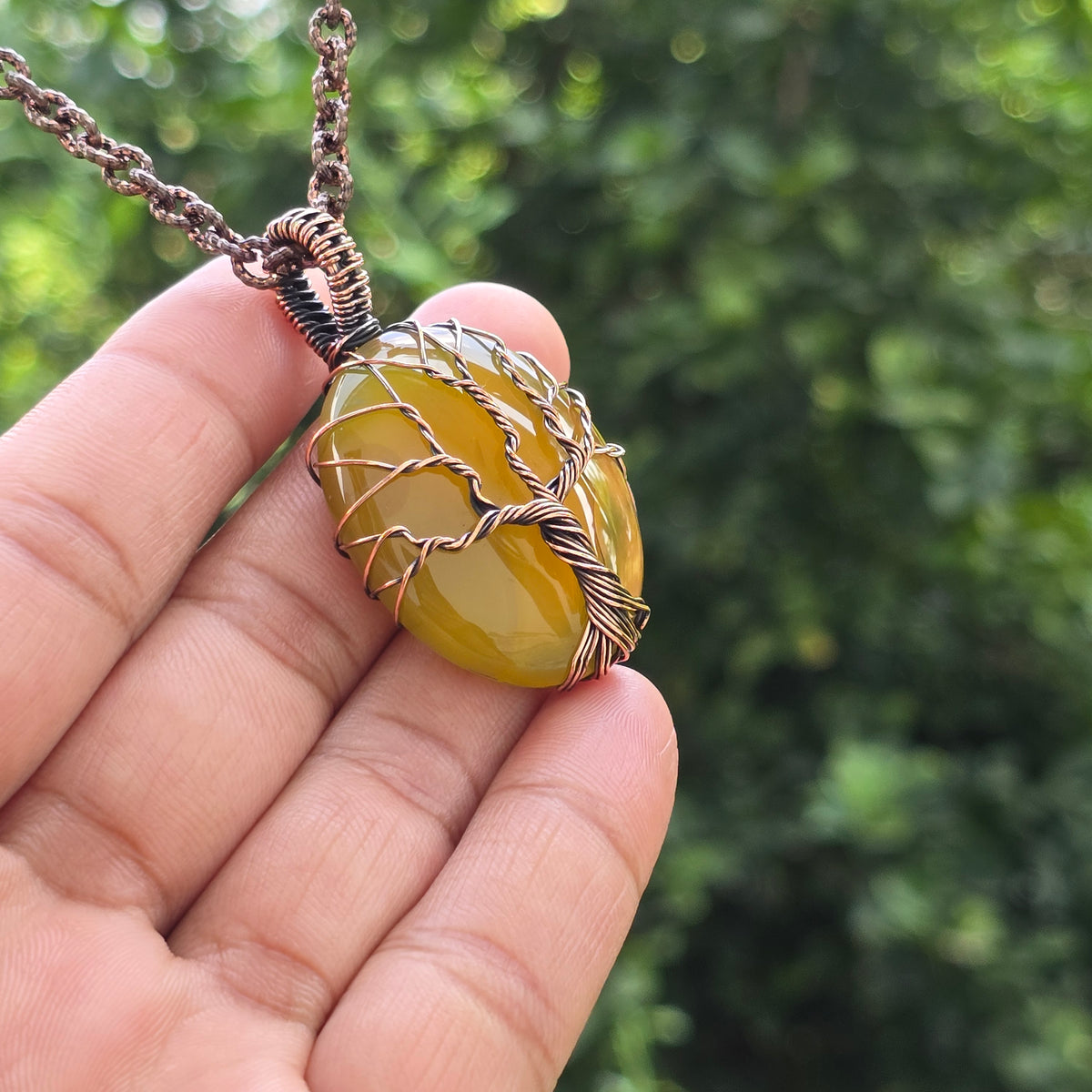 Onyx Gemstone Handmade Copper Wire Wrap Chain Pendant 1.96" Sunkarton