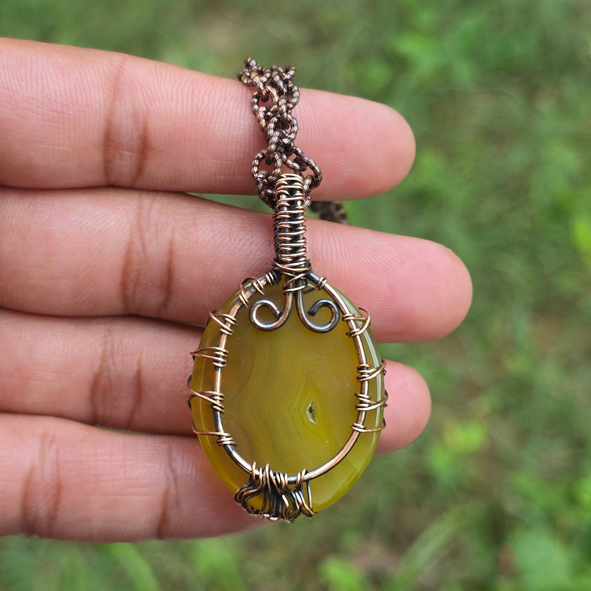 Onyx Gemstone Handmade Copper Wire Wrap Chain Pendant 1.96" Sunkarton