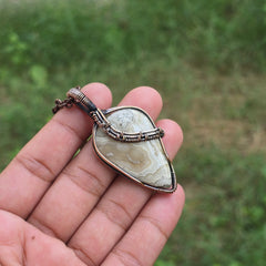 Crazy Lace Agate Gemstone Handmade Copper Wire Wrap Chain Pendant 2.55" Sunkarton
