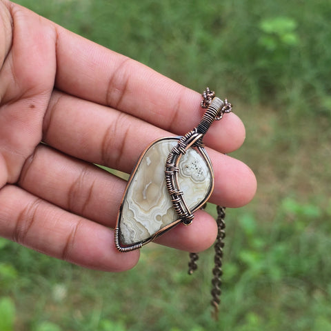 Crazy Lace Agate Gemstone Handmade Copper Wire Wrap Chain Pendant 2.55