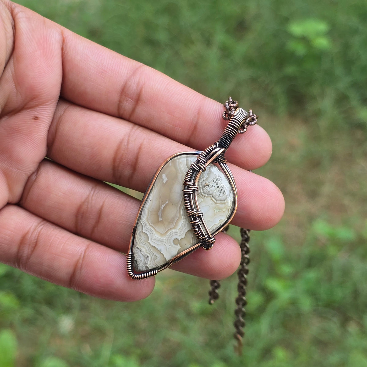 Crazy Lace Agate Gemstone Handmade Copper Wire Wrap Chain Pendant 2.55" Sunkarton