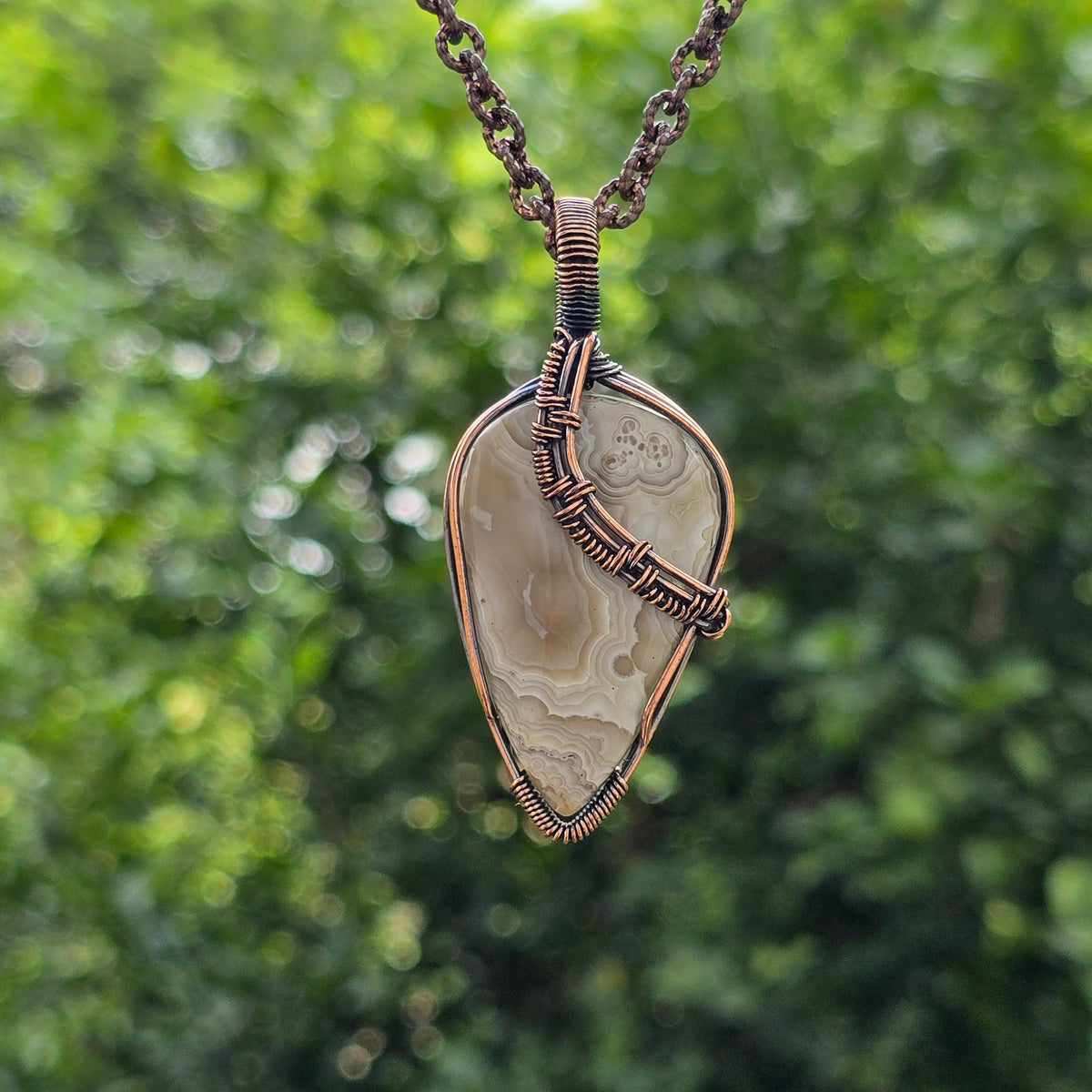 Crazy Lace Agate Gemstone Handmade Copper Wire Wrap Chain Pendant 2.55" Sunkarton