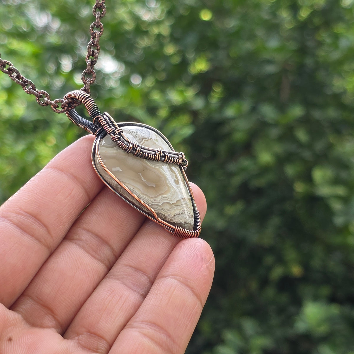 Crazy Lace Agate Gemstone Handmade Copper Wire Wrap Chain Pendant 2.55" Sunkarton