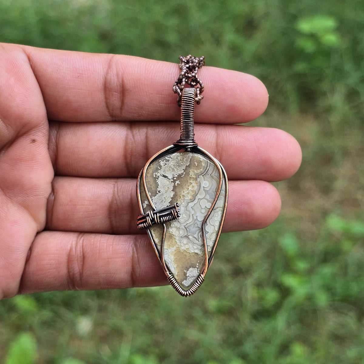 Crazy Lace Agate Gemstone Handmade Copper Wire Wrap Chain Pendant 2.55" Sunkarton