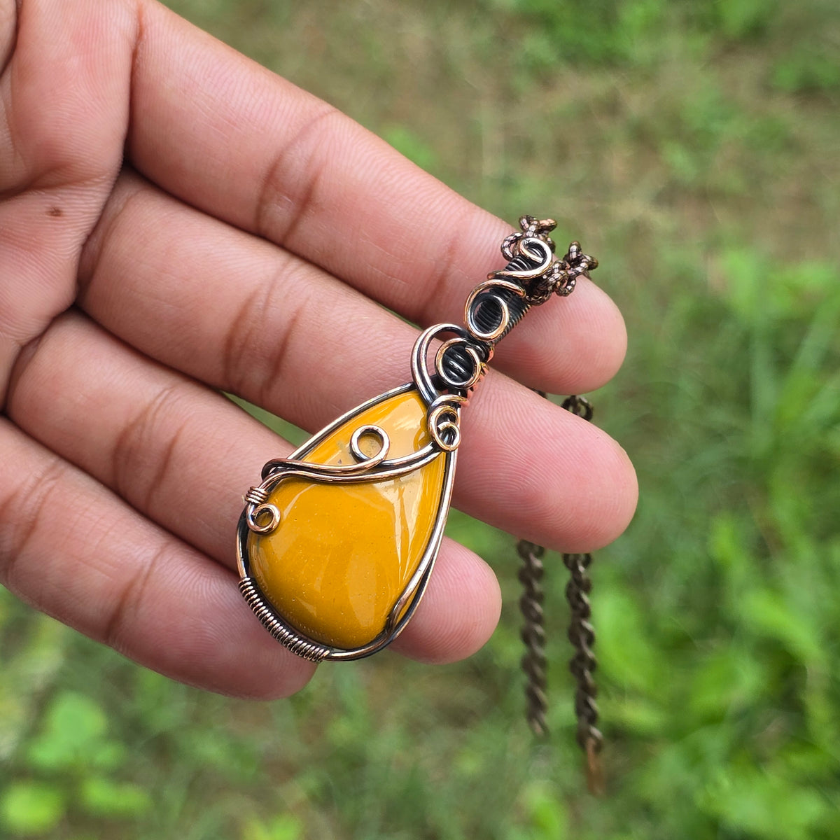 Noreena Jasper Gemstone Handmade Copper Wire Wrap Chain Pendant 2.36" Sunkarton