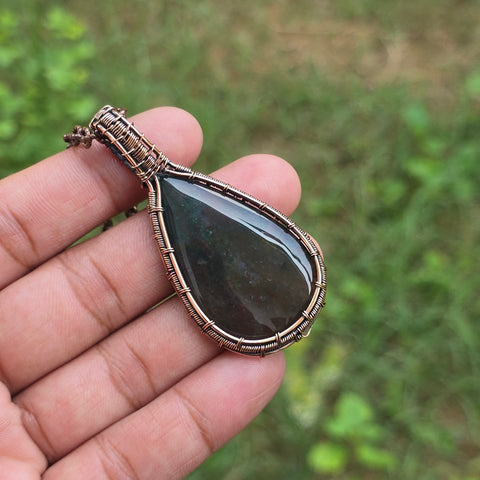Moss Agate Gemstone Handmade Copper Wire Wrap Chain Pendant 2.55