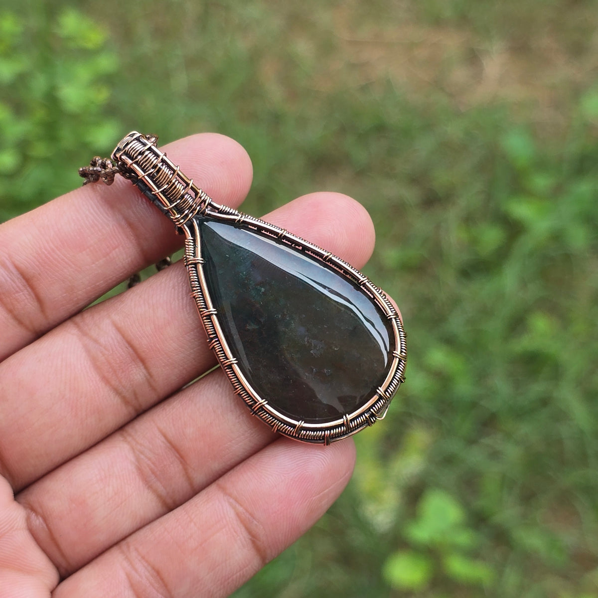 Moss Agate Gemstone Handmade Copper Wire Wrap Chain Pendant 2.55" Sunkarton