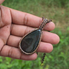 Moss Agate Gemstone Handmade Copper Wire Wrap Chain Pendant 2.55" Sunkarton