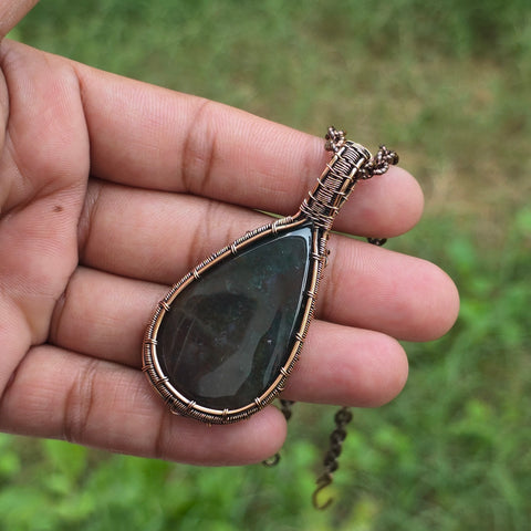 Moss Agate Gemstone Handmade Copper Wire Wrap Chain Pendant 2.55
