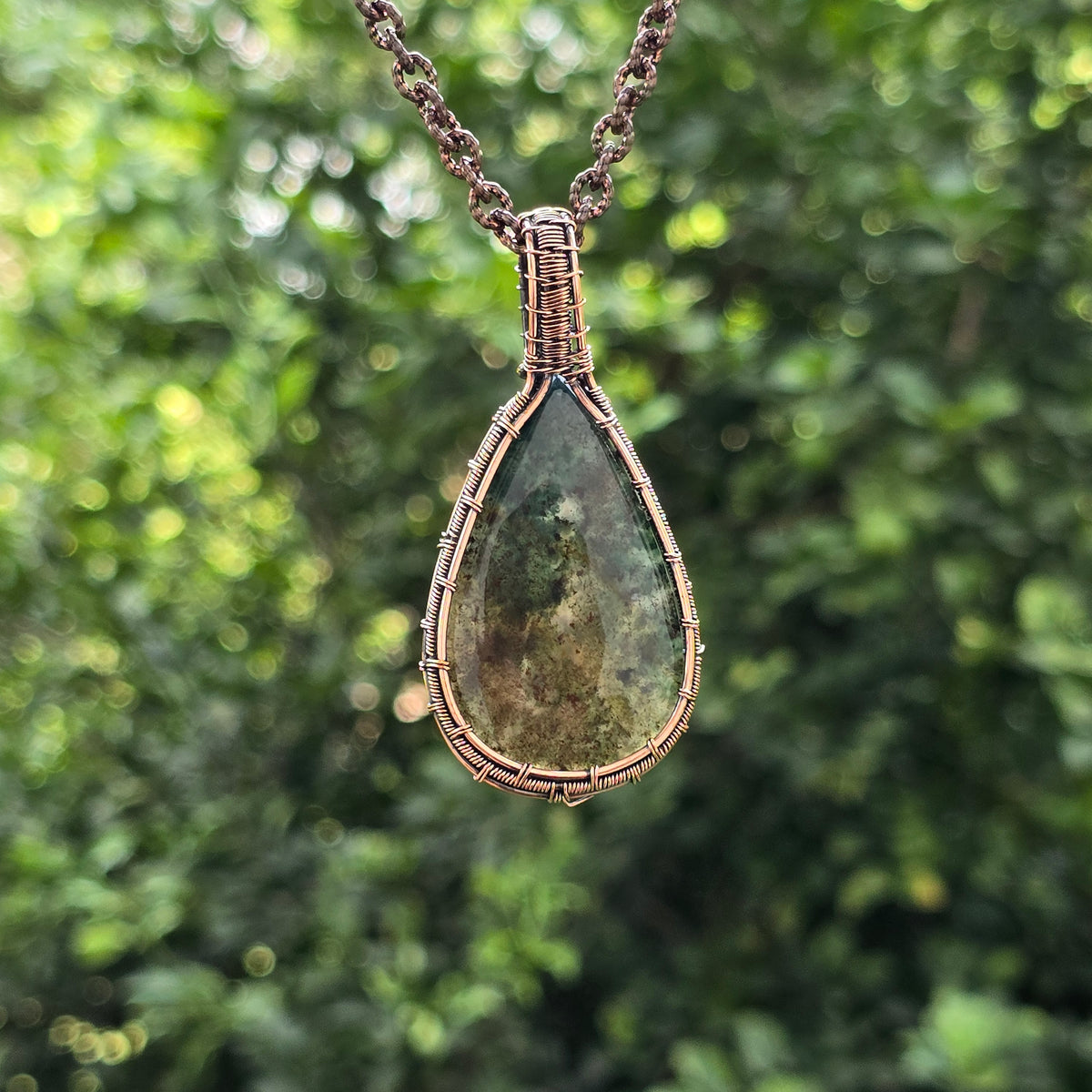 Moss Agate Gemstone Handmade Copper Wire Wrap Chain Pendant 2.55" Sunkarton