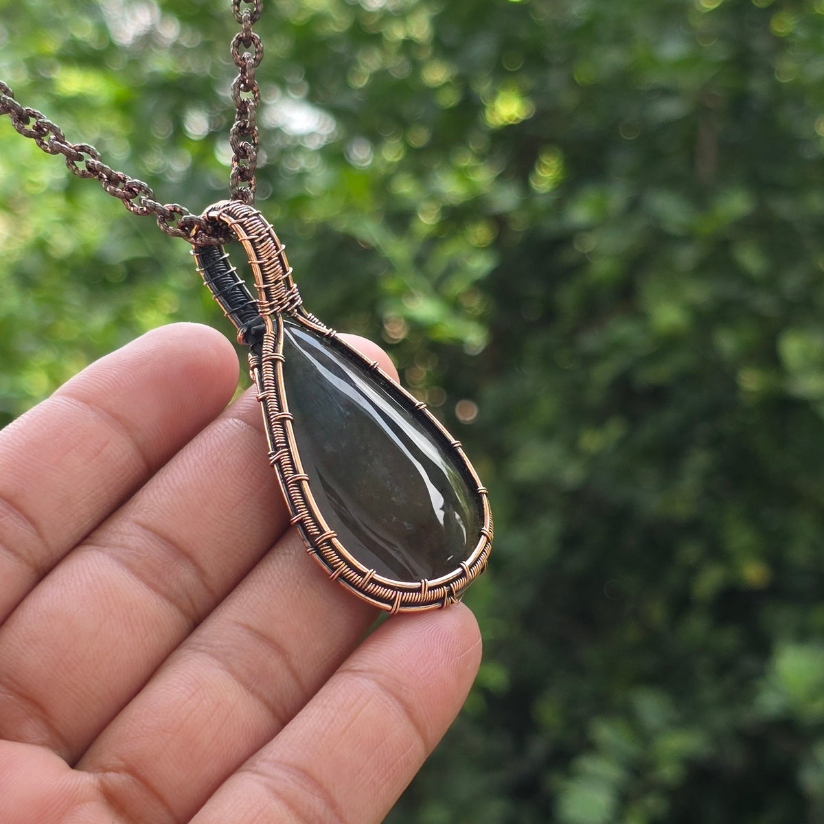 Moss Agate Gemstone Handmade Copper Wire Wrap Chain Pendant 2.55" Sunkarton