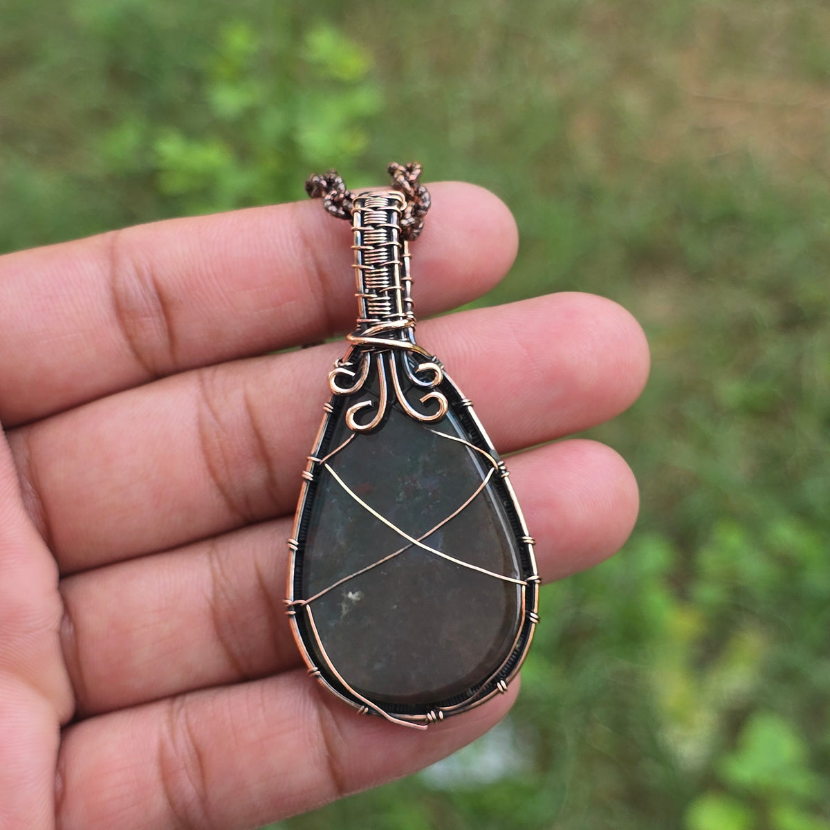 Moss Agate Gemstone Handmade Copper Wire Wrap Chain Pendant 2.55" Sunkarton