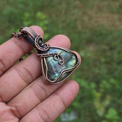 Labradorite Gemstone Handmade Copper Wire Wrap Chain Pendant 2.16" Sunkarton
