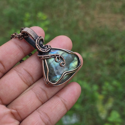 Labradorite Gemstone Handmade Copper Wire Wrap Chain Pendant 2.16
