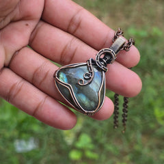Labradorite Gemstone Handmade Copper Wire Wrap Chain Pendant 2.16" Sunkarton