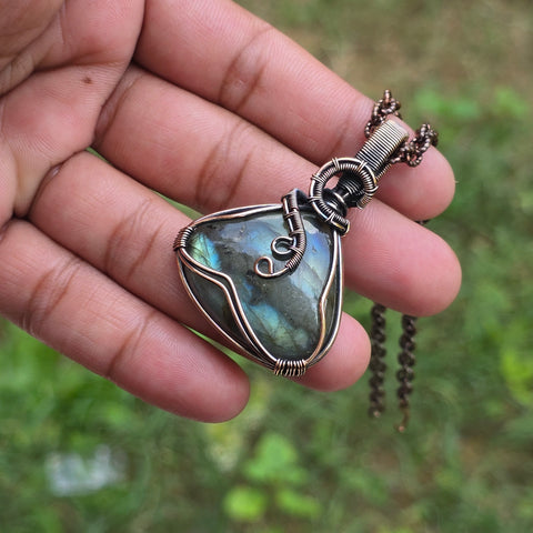 Labradorite Gemstone Handmade Copper Wire Wrap Chain Pendant 2.16