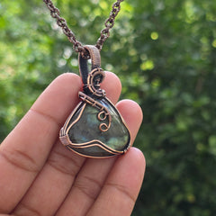 Labradorite Gemstone Handmade Copper Wire Wrap Chain Pendant 2.16" Sunkarton
