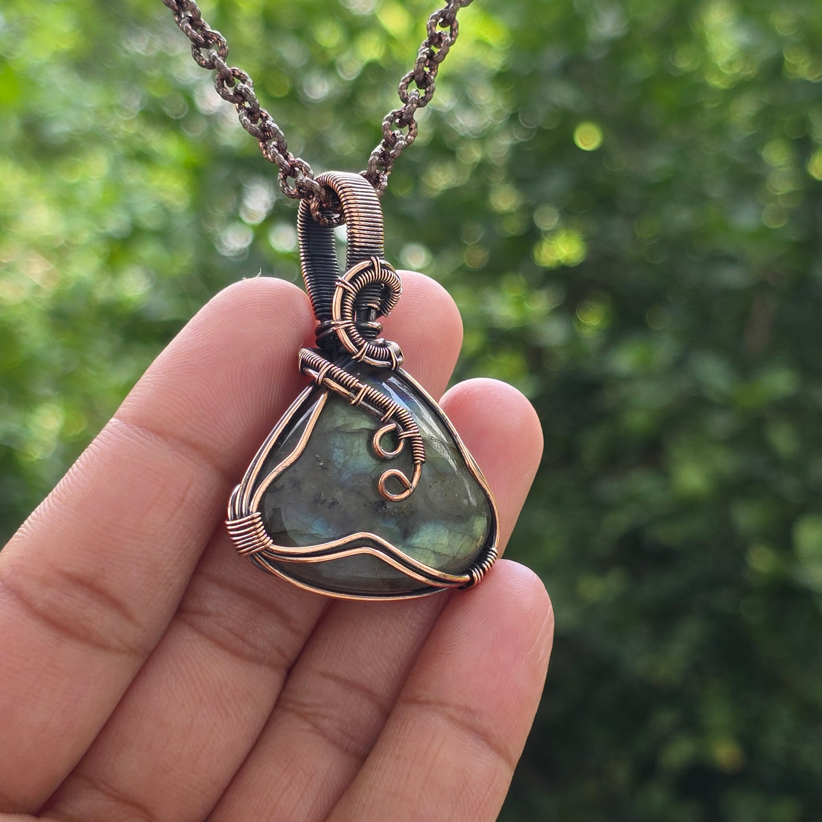 Labradorite Gemstone Handmade Copper Wire Wrap Chain Pendant 2.16" Sunkarton