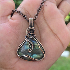 Labradorite Gemstone Handmade Copper Wire Wrap Chain Pendant 2.16" Sunkarton