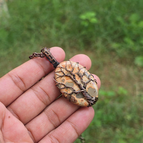 Leopard Skin Jasper Gemstone Handmade Copper Wire Wrap Chain Pendant 2.36