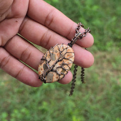 Leopard Skin Jasper Gemstone Handmade Copper Wire Wrap Chain Pendant 2.36" Sunkarton