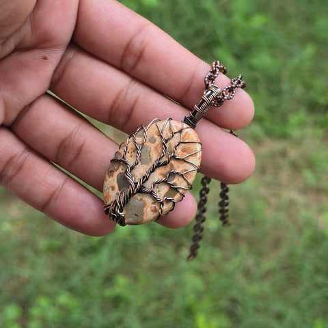 Leopard Skin Jasper Gemstone Handmade Copper Wire Wrap Chain Pendant 2.36