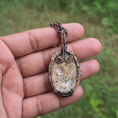 Leopard Skin Jasper Gemstone Handmade Copper Wire Wrap Chain Pendant 2.36" Sunkarton