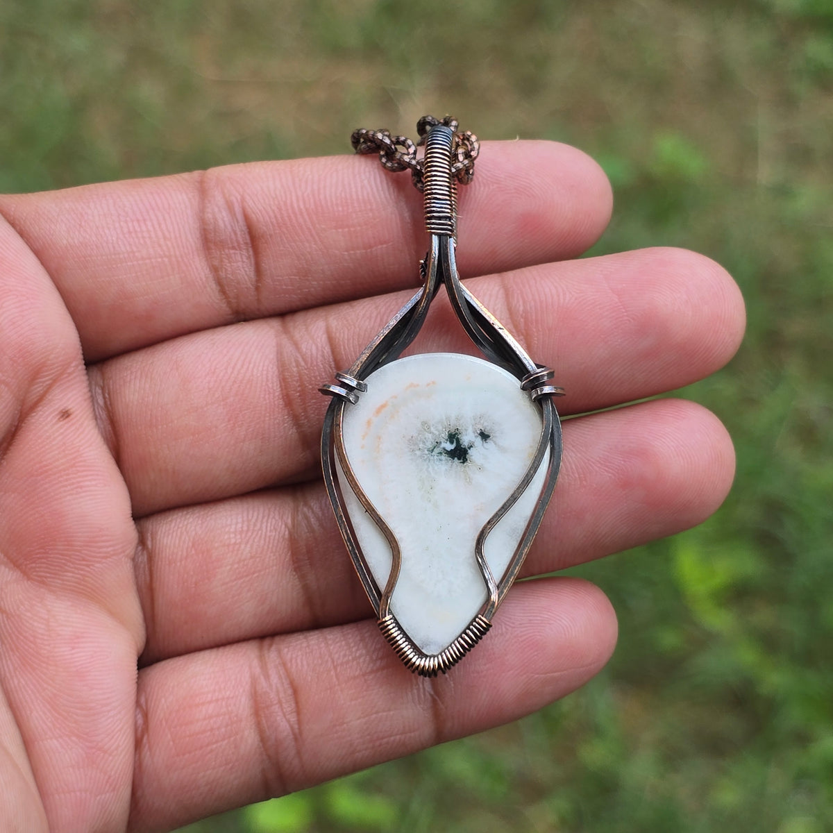 Solar Quartz Gemstone Handmade Copper Wire Wrap Chain Pendant 2.55" Sunkarton