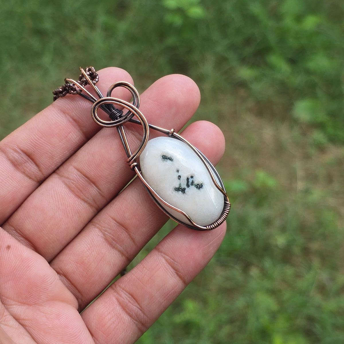 Solar Quartz Gemstone Handmade Copper Wire Wrap Chain Pendant 2.75" Sunkarton