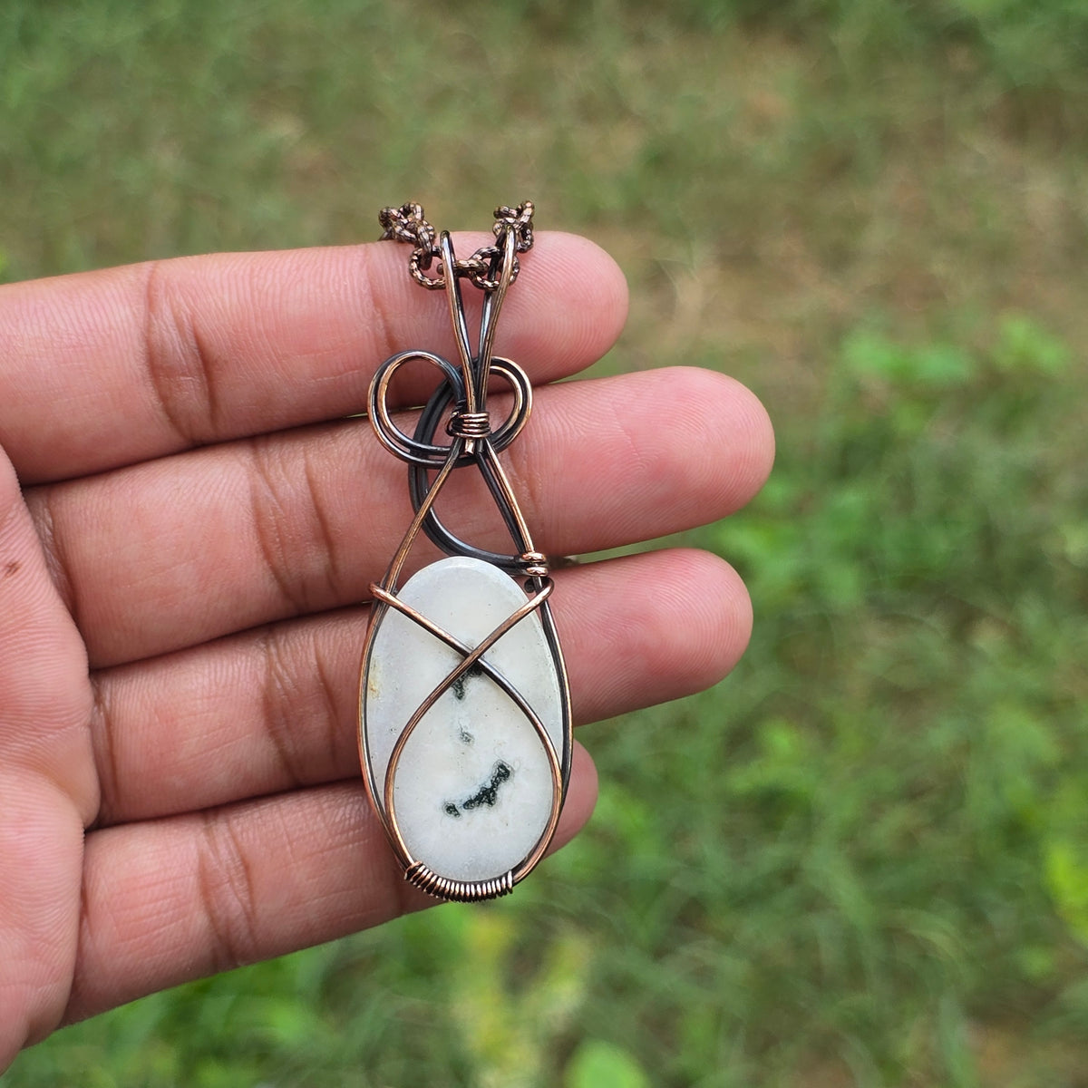 Solar Quartz Gemstone Handmade Copper Wire Wrap Chain Pendant 2.75" Sunkarton