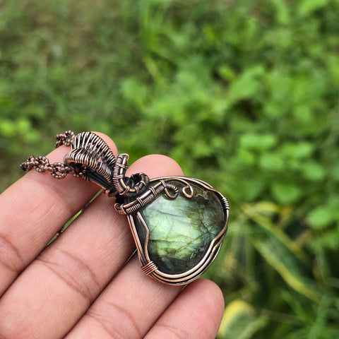Labradorite Gemstone Handmade Copper Wire Wrap Chain Pendant 2.16