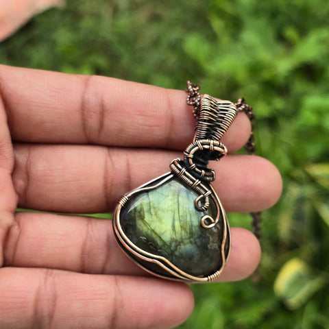 Labradorite Gemstone Handmade Copper Wire Wrap Chain Pendant 2.16