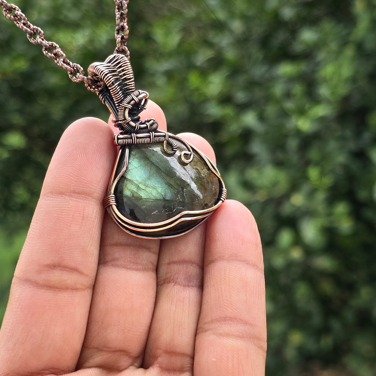 Labradorite Gemstone Handmade Copper Wire Wrap Chain Pendant 2.16" Sunkarton