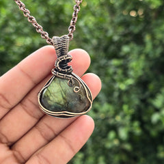 Labradorite Gemstone Handmade Copper Wire Wrap Chain Pendant 2.16" Sunkarton