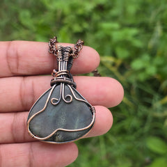 Labradorite Gemstone Handmade Copper Wire Wrap Chain Pendant 2.16" Sunkarton