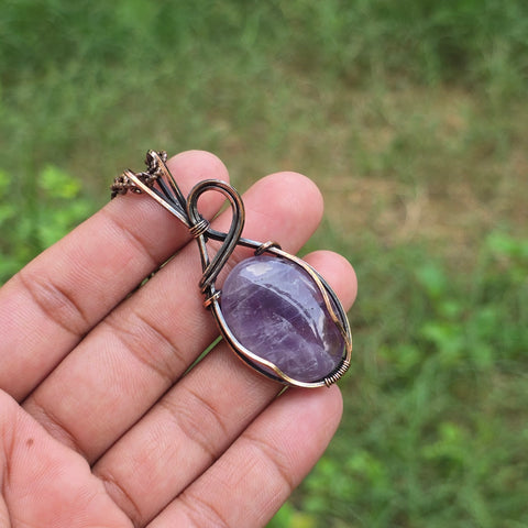 Amethyst Gemstone Handmade Copper Wire Wrap Chain Pendant 2.36