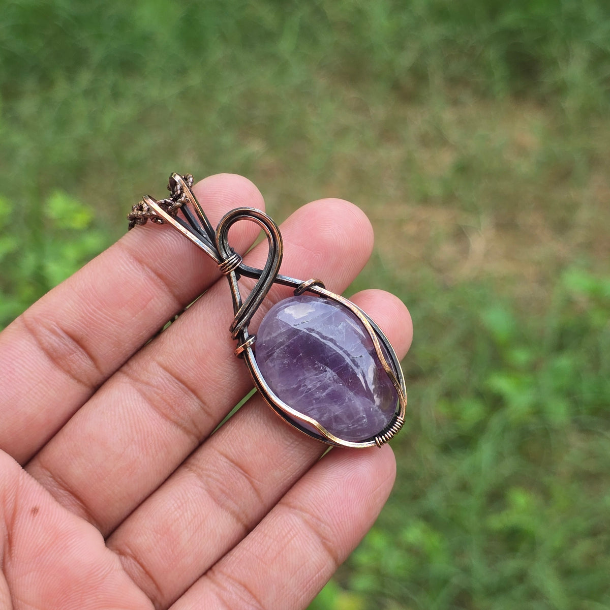 Amethyst Gemstone Handmade Copper Wire Wrap Chain Pendant 2.36" Sunkarton