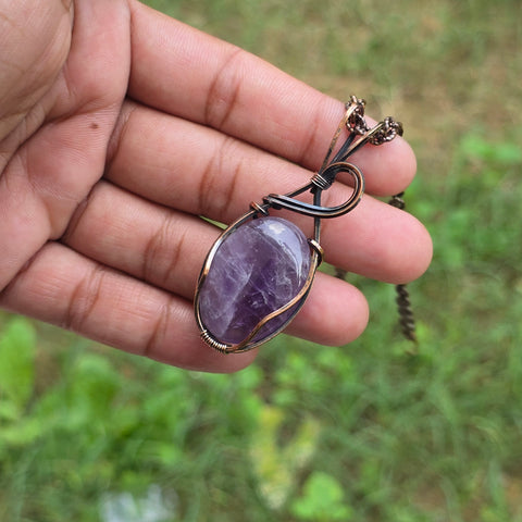 Amethyst Gemstone Handmade Copper Wire Wrap Chain Pendant 2.36