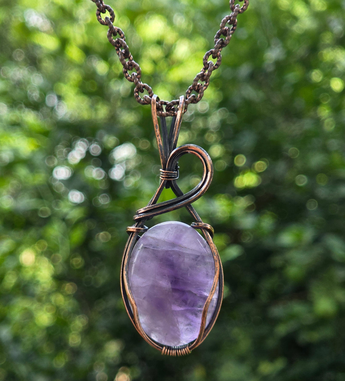 Amethyst Gemstone Handmade Copper Wire Wrap Chain Pendant 2.36" Sunkarton