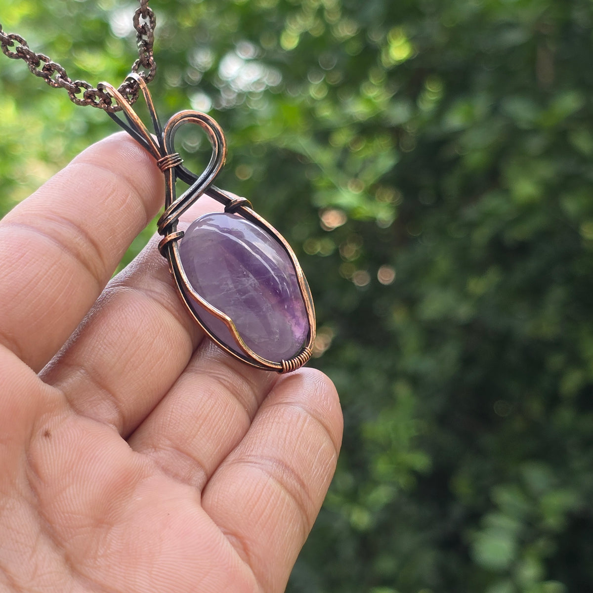 Amethyst Gemstone Handmade Copper Wire Wrap Chain Pendant 2.36" Sunkarton