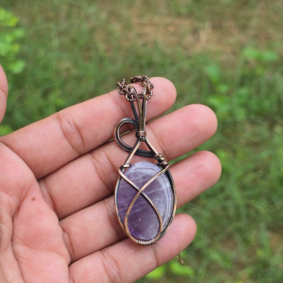 Amethyst Gemstone Handmade Copper Wire Wrap Chain Pendant 2.36" Sunkarton