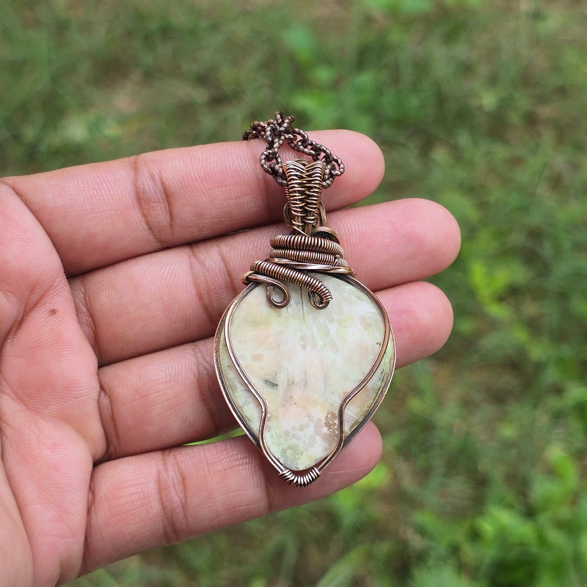 Sollecito  Gemstone Handmade Copper Wire Wrap Chain Pendant 2.55" Sunkarton