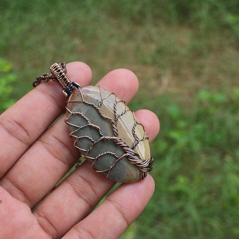 Polychrome Jasper Gemstone Handmade Copper Wire Wrap Chain Pendant 2.55