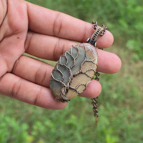Polychrome Jasper Gemstone Handmade Copper Wire Wrap Chain Pendant 2.55