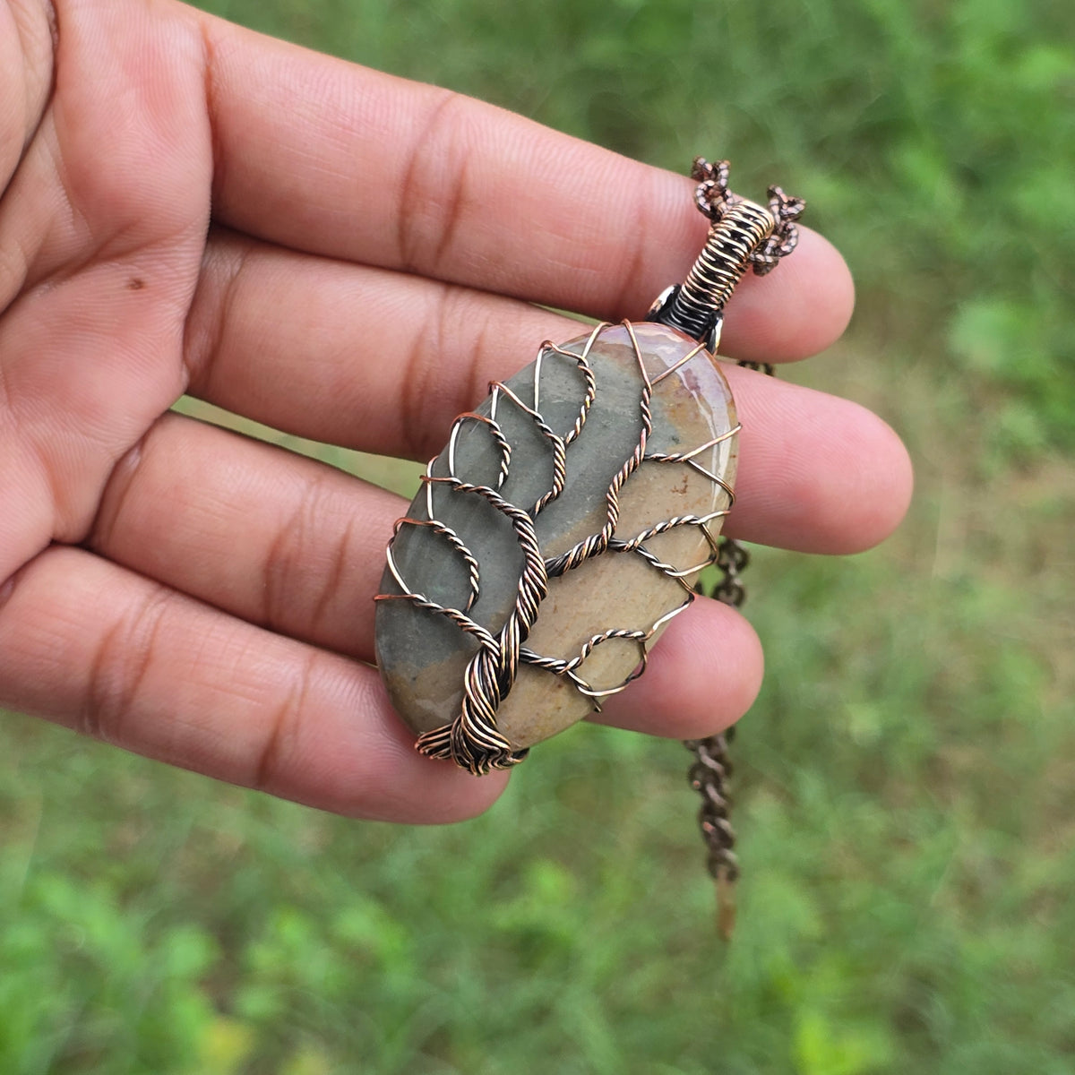 Polychrome Jasper Gemstone Handmade Copper Wire Wrap Chain Pendant 2.55" Sunkarton