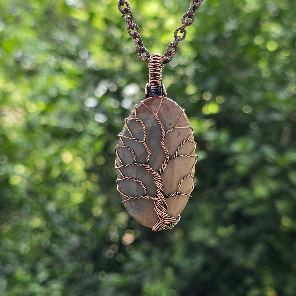 Polychrome Jasper Gemstone Handmade Copper Wire Wrap Chain Pendant 2.55" Sunkarton