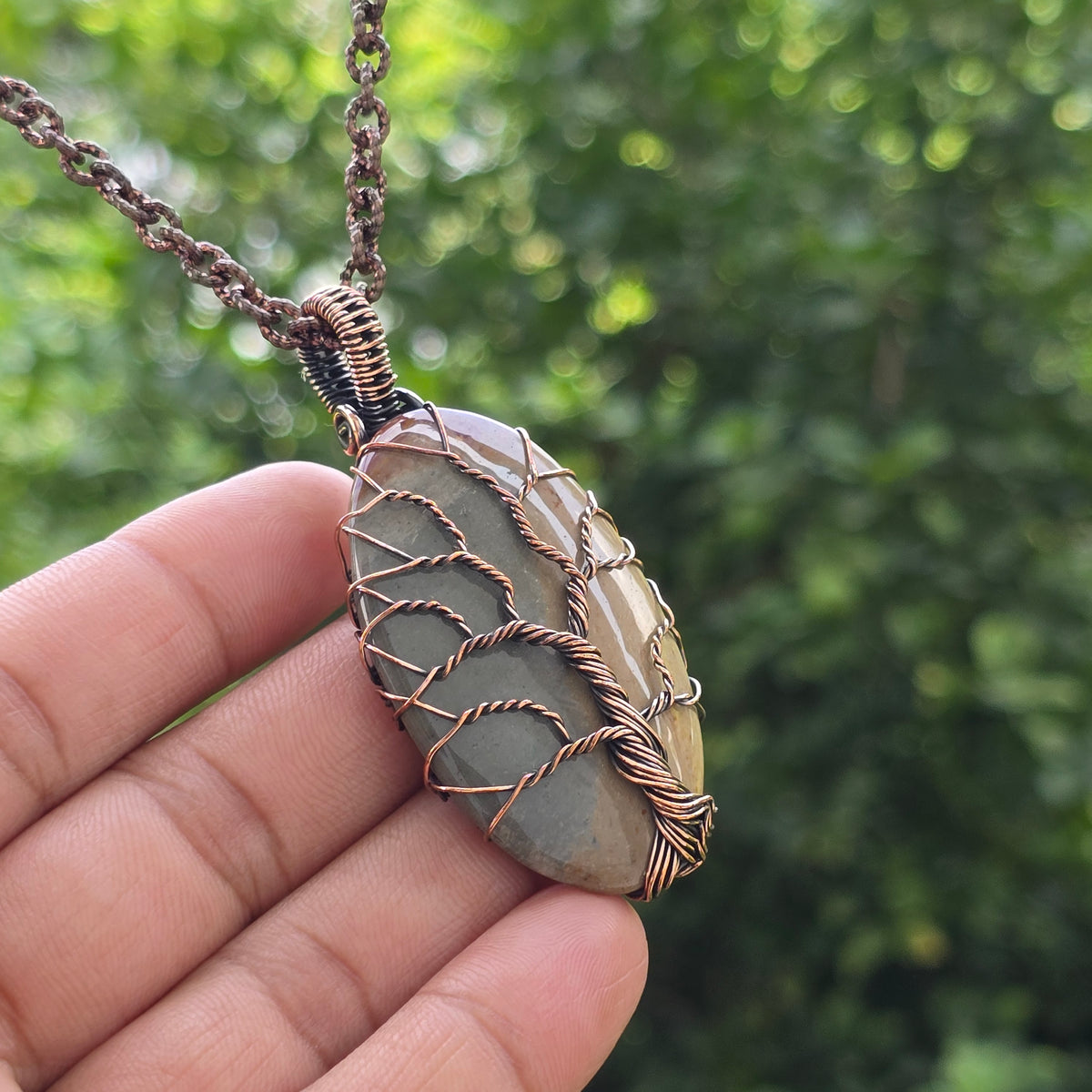 Polychrome Jasper Gemstone Handmade Copper Wire Wrap Chain Pendant 2.55" Sunkarton