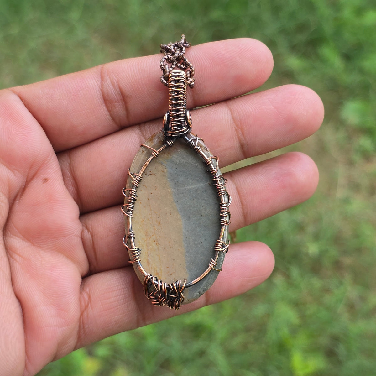 Polychrome Jasper Gemstone Handmade Copper Wire Wrap Chain Pendant 2.55" Sunkarton