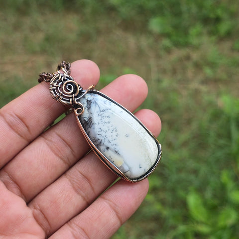 Dendrite Opal Gemstone Handmade Copper Wire Wrap Chain Pendant 2.36