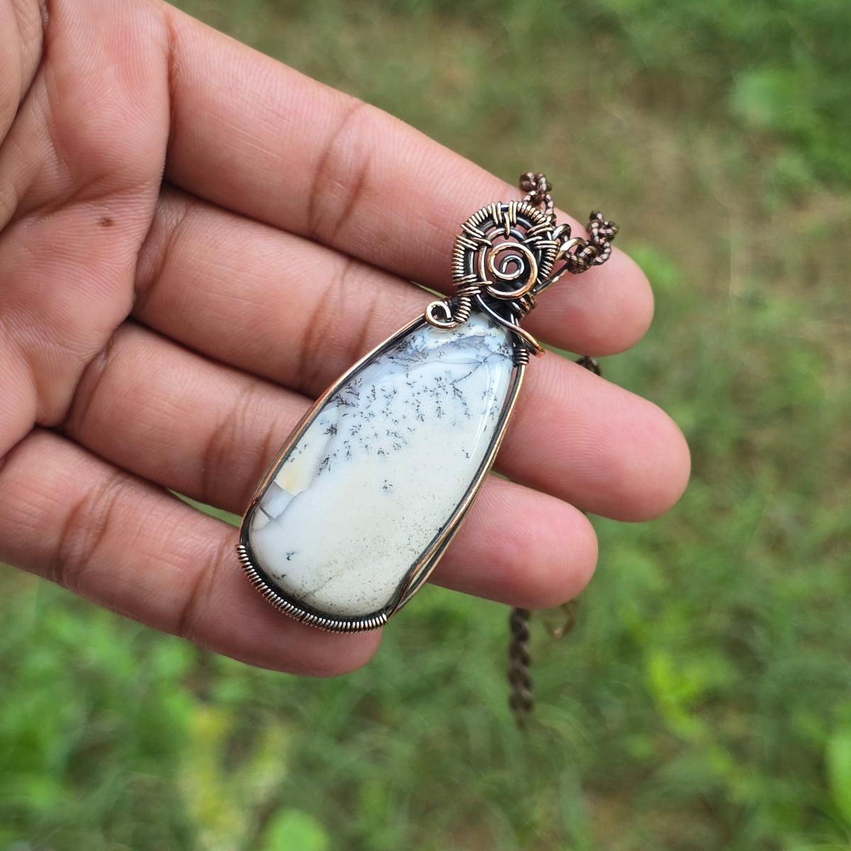 Dendrite Opal Gemstone Handmade Copper Wire Wrap Chain Pendant 2.36" Sunkarton